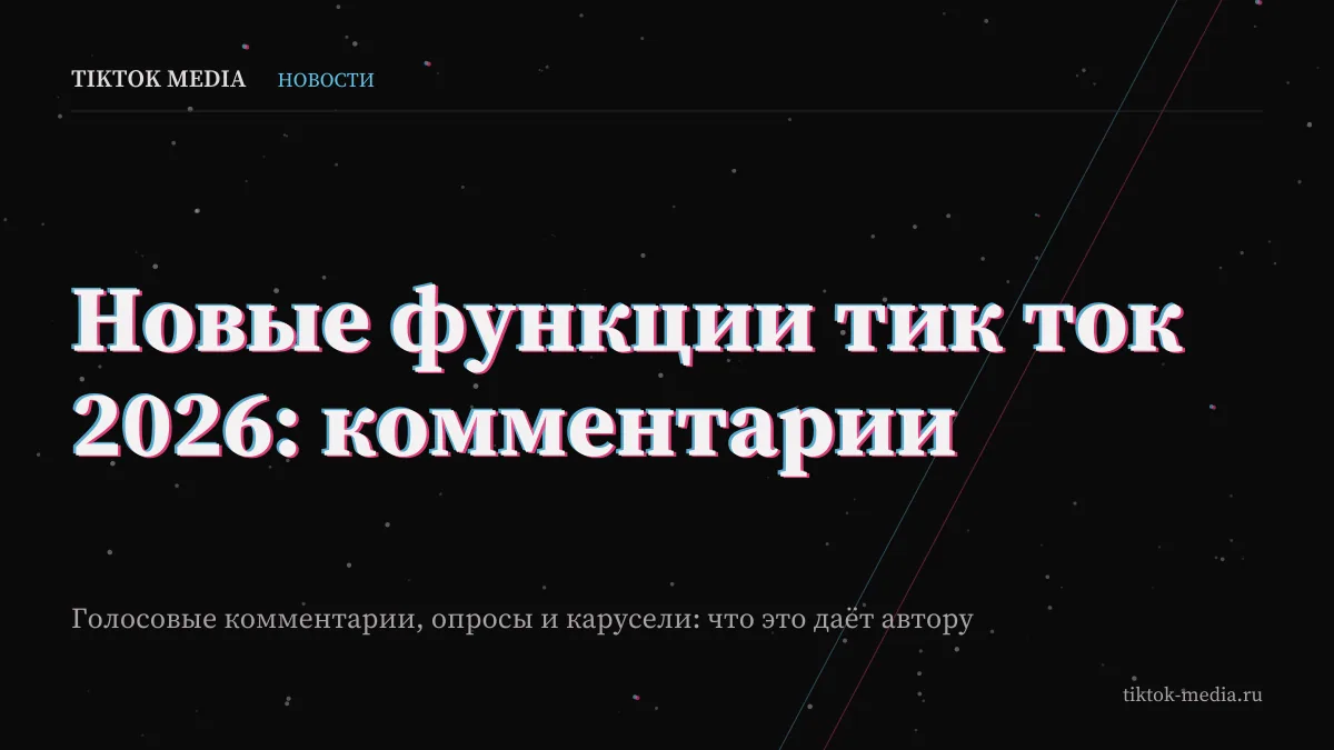 Обложка статьи про новые функции тик ток 2026: голосовые комментарии, опросы, карусели