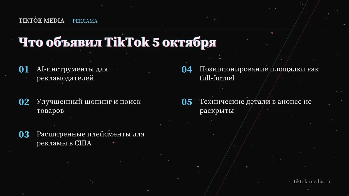Список из пяти пунктов: тик ток адс новые функции из анонса от 5 октября 2026 года